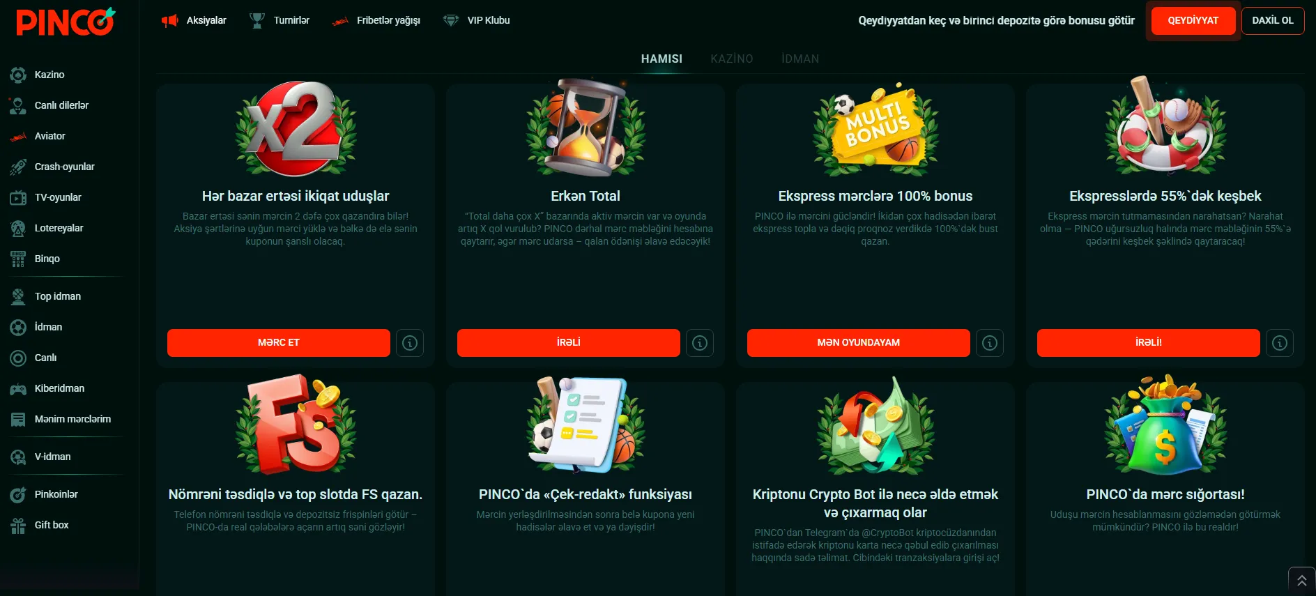 Pinco Casino bonusları və kampaniyalar - bütün mövcud təkliflər Pinco Casino bonusları və kampaniyalar
